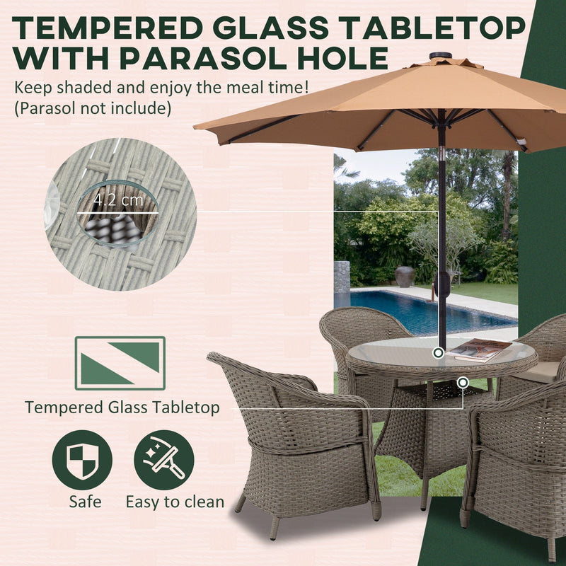 4 Seater Rattan Dining Set, 4 Chairs & Round Table - Grey Outsunny