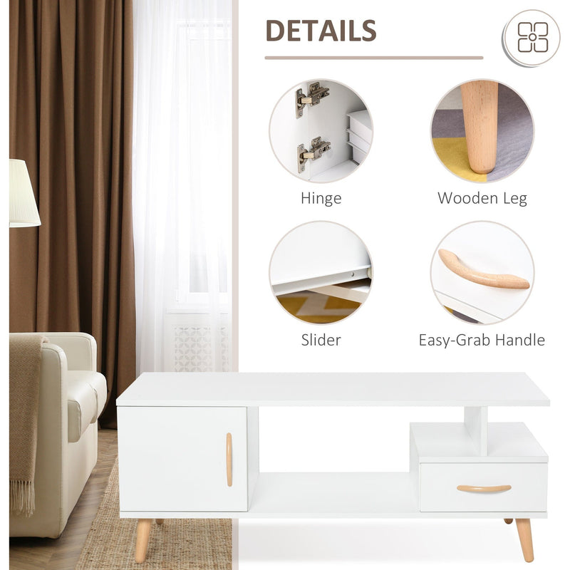 Modern Coffee Table With Storage Shelf and Drawers - White