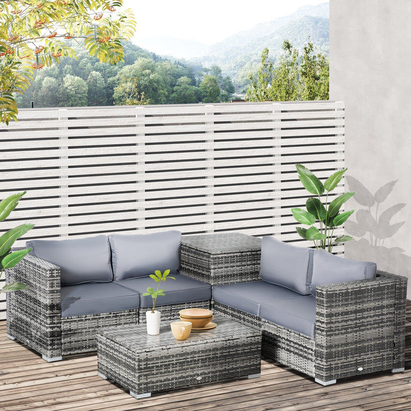 6Pc Grey Rattan Corner Sofa Set with Storage Coffee Table