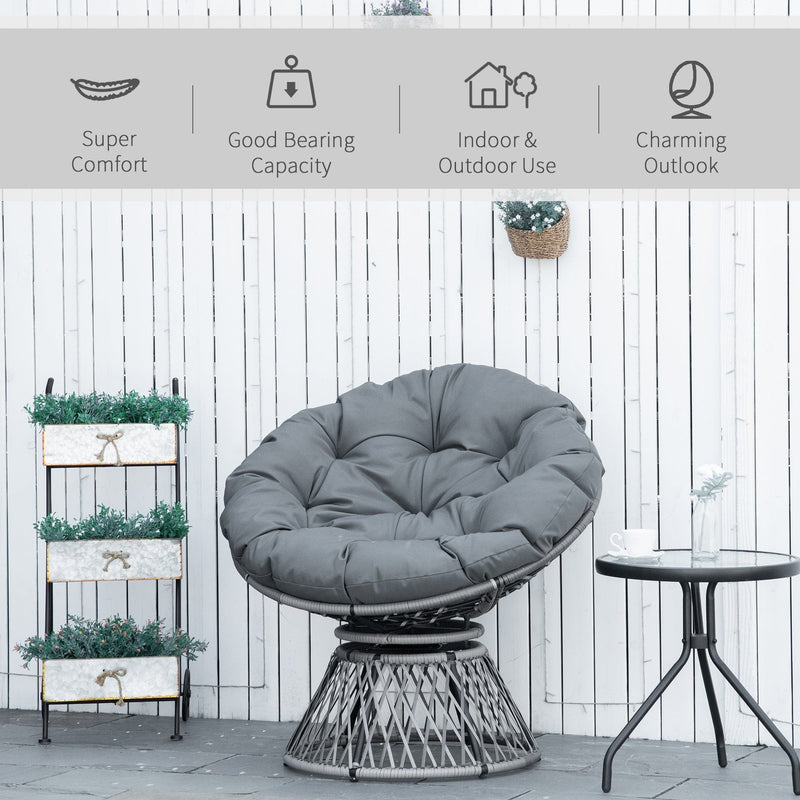 Outsunny 360° Swivel Rattan Papasan Moon Bowl Chair Round Lounge Garden Wicker Basket Seat with Padded Cushion Oversized for Outdoor Indoor, Grey Outsunny