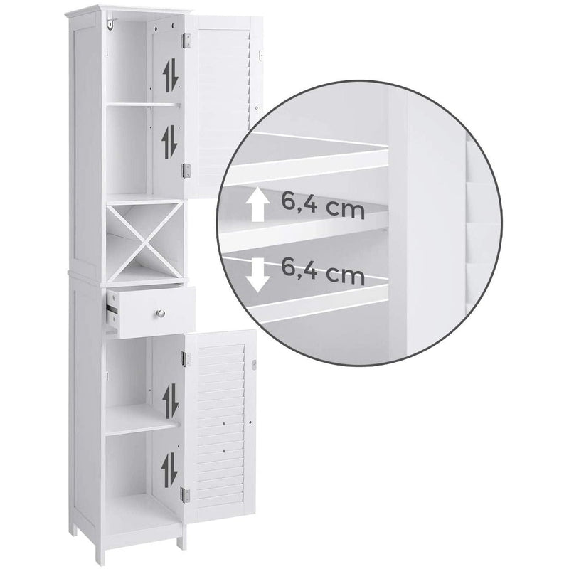 Slim Bathroom Storage Cabinet by Vasagle - Finished in crisp white with two cupboards, a drawer, and an open shelf - Perfect for bathrooms with limited space