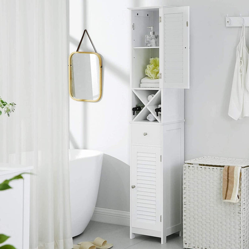 Slim Bathroom Storage Cabinet by Vasagle - Finished in crisp white with two cupboards, a drawer, and an open shelf - Perfect for bathrooms with limited space