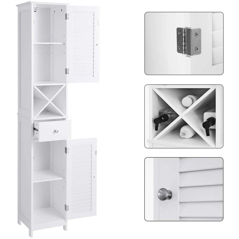 Slim Bathroom Storage Cabinet by Vasagle - Finished in crisp white with two cupboards, a drawer, and an open shelf - Perfect for bathrooms with limited space