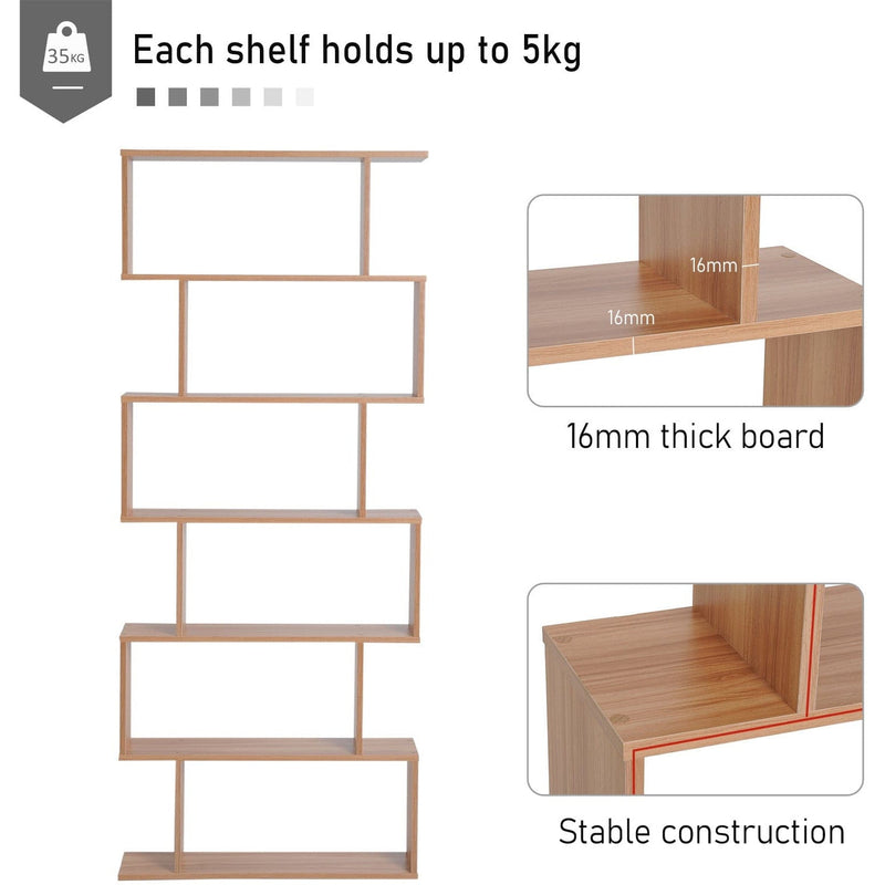 Wooden S Shape Storage Display, 6 Shelves, Room Divider