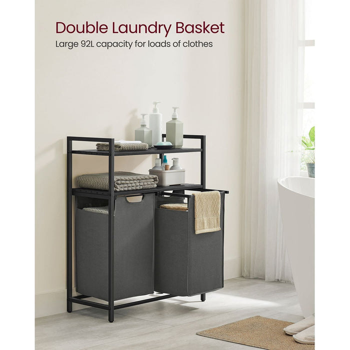 2 Compartment Laundry Hamper, Black and Grey
