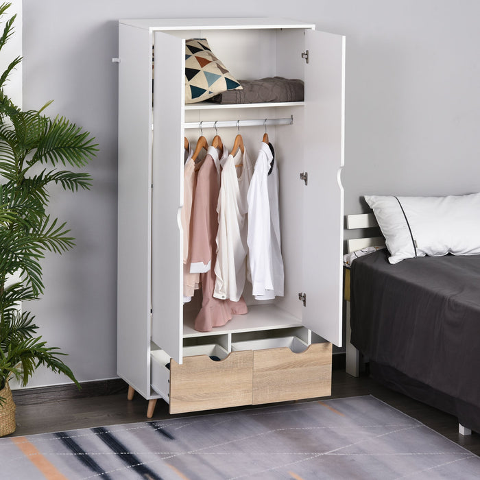 White Wardrobe: 2-Doors, 2 Drawers, Rail & Shelf