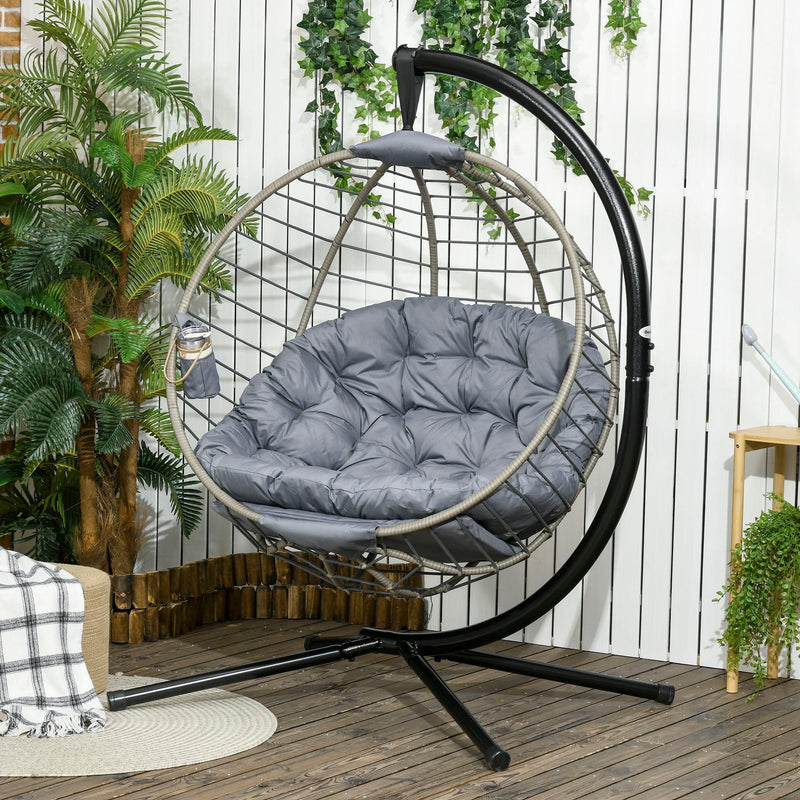 Large Grey Hanging Egg Chair, Foldable, Cushion, Metal Stand