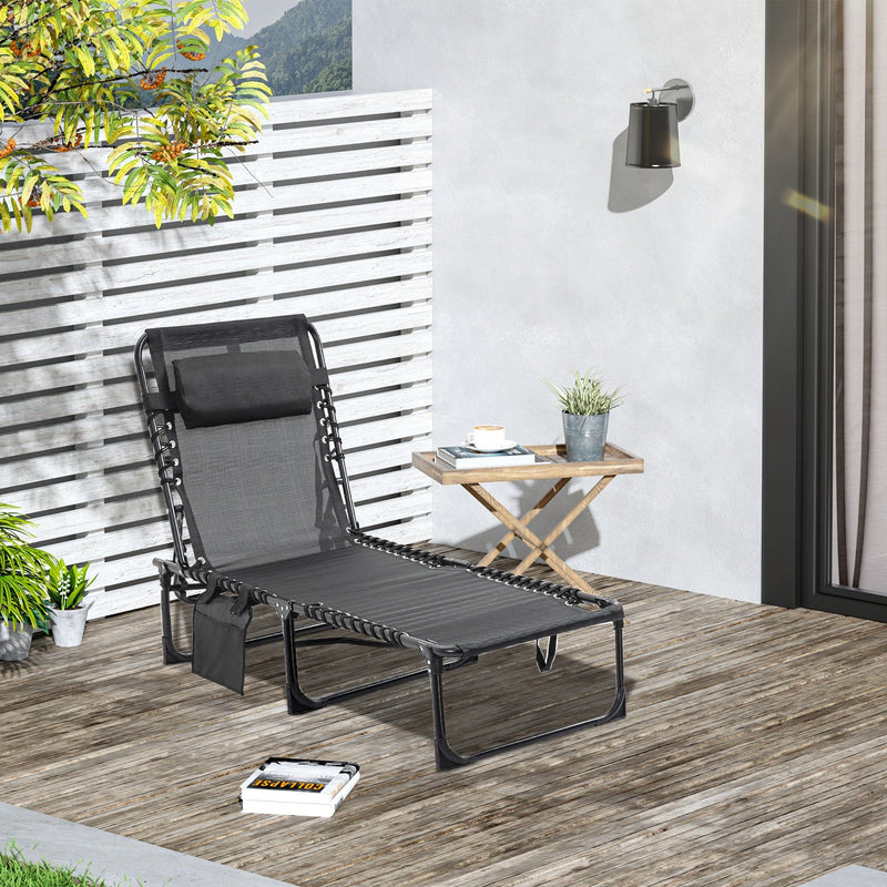 Outsunny Portable Sun Lounger, Folding Camping Bed Cot, Reclining Lounge Chair 5-position Adjustable Backrest w/Side Pocket for Patio Garden Black Outsunny