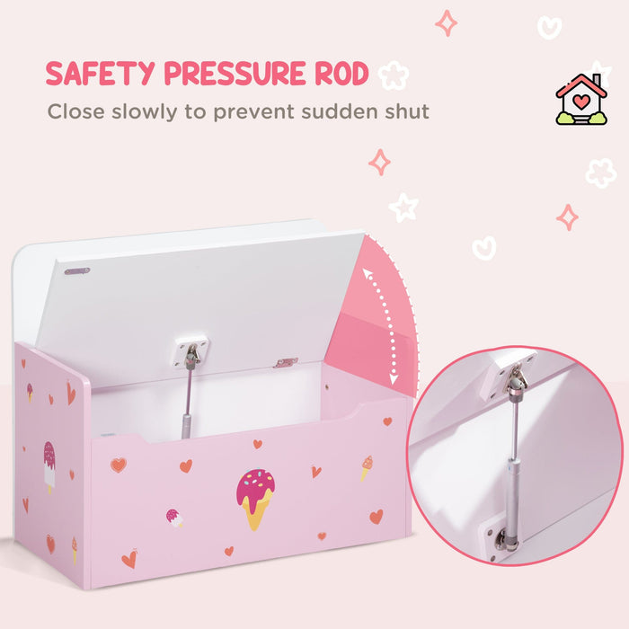 2-IN-1 Wooden Toy Box: Pink Cute Pattern, Safety Rod
