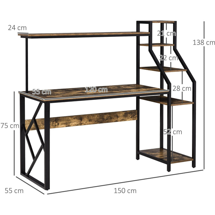 Industrial Computer Desk With Shelves, Rustic Brown