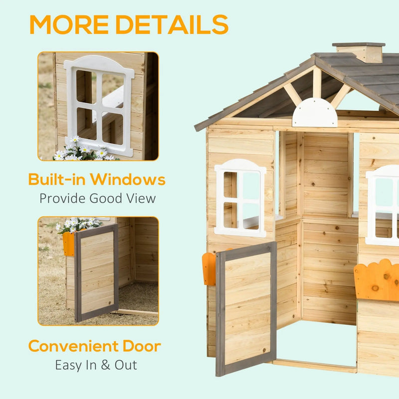 Wooden Kids Playhouse with Door, Windows, Bench Outsunny