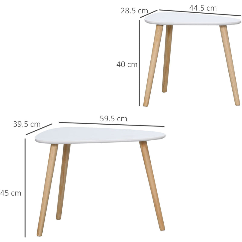 White Modern Side Table Set of 2, Triangular, Wood Legs