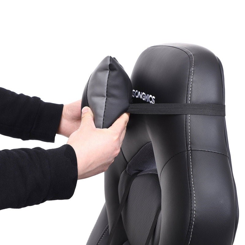 Black and Grey Songmics Gamer Chair With Wheels Adjustable Neck Pillow and Back Pillow and Arms