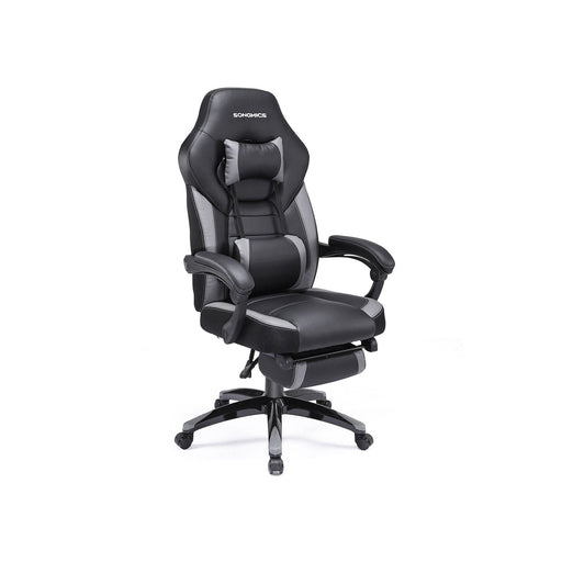 Black and Grey Songmics Gamer Chair With Wheels Adjustable Neck Pillow and Back Pillow and Arms