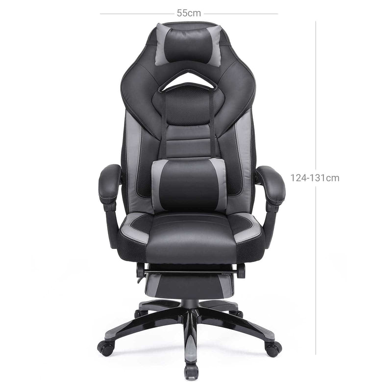 Black and Grey Songmics Gamer Chair With Wheels Adjustable Neck Pillow and Back Pillow and Arms