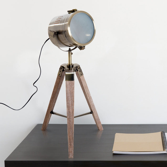 Vintage Brass Tripod Table Lamp, Spotlight, Wooden Base