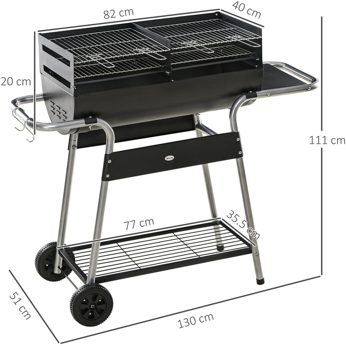 Charcoal BBQ Trolley, Double Grill, Black