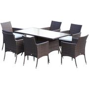 Image of brown rattan 6 seater patio table and chairs dining set with cream cushions
