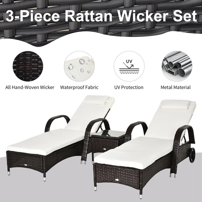 3pc Rattan Garden Lounge Set, Wheeled Loungers, Table