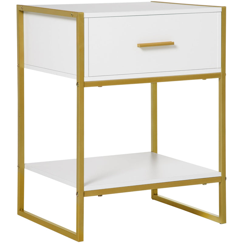Modern Bedside Table With Drawer, White and Gold
