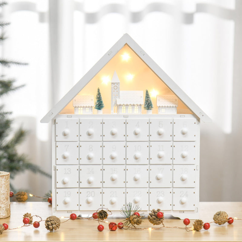 Christmas Advent Calendar, Light Up Table Xmas Wooden House Holiday Decoration with Countdown Drawer, Village, for kids Adults, White