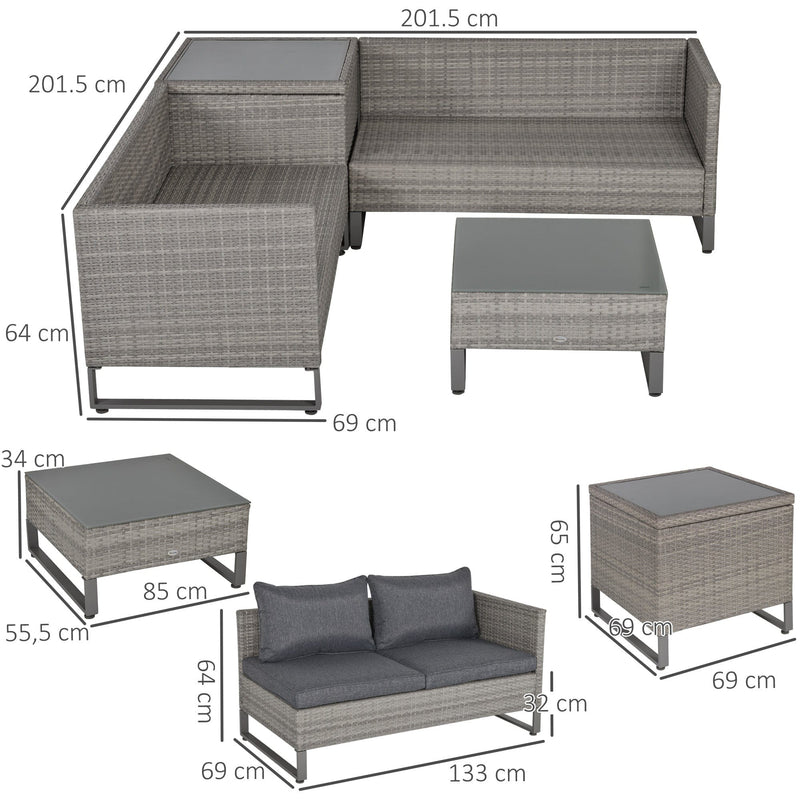 Outsunny Rattan Sofa Set with Storage, Glass Table, Grey
