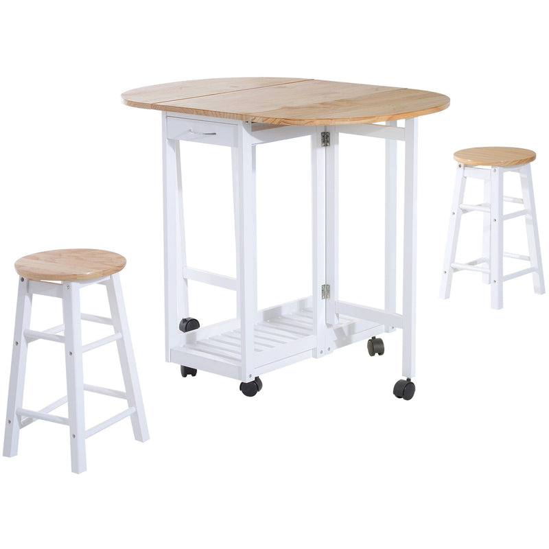 HOMCOM 3PC Wooden Kitchen Cart Mobile Rolling Trolley Folding Bar Table Two Stools Dining Chair Storage Shelf w/2 Drawers & 6 Wheels Homcom