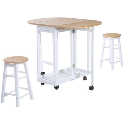 HOMCOM 3PC Wooden Kitchen Cart Mobile Rolling Trolley Folding Bar Table Two Stools Dining Chair Storage Shelf w/2 Drawers & 6 Wheels Homcom