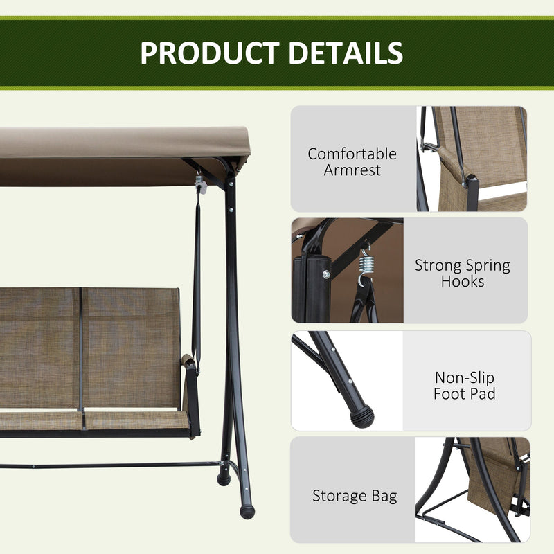 3 Person Garden Swing Chair With Side Pockets, Canopy Outsunny