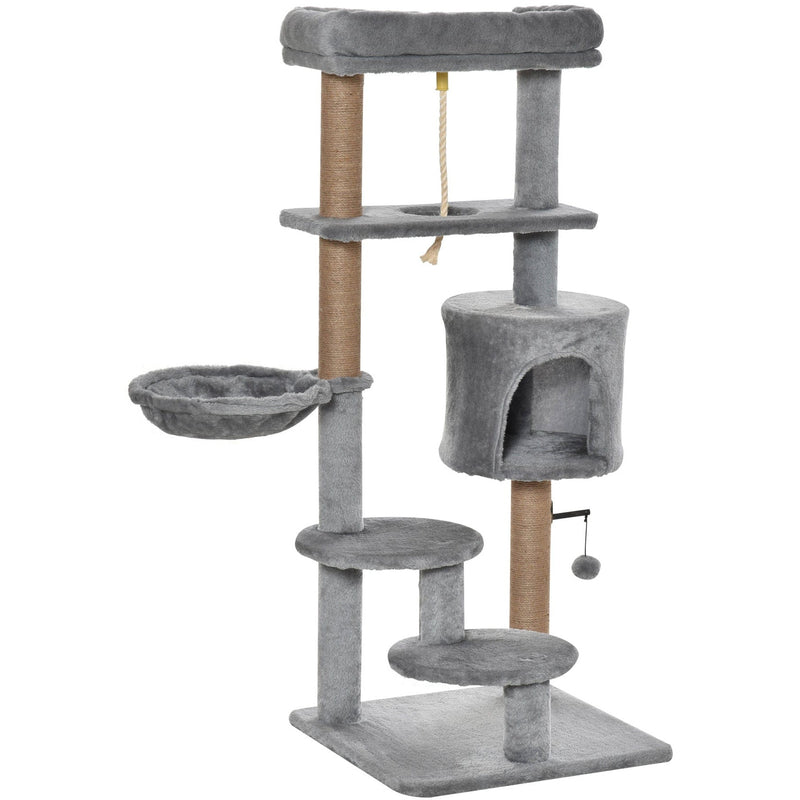 Grey Cat Tree, Climbing Centre, Jute Post, Hammock, 120cm