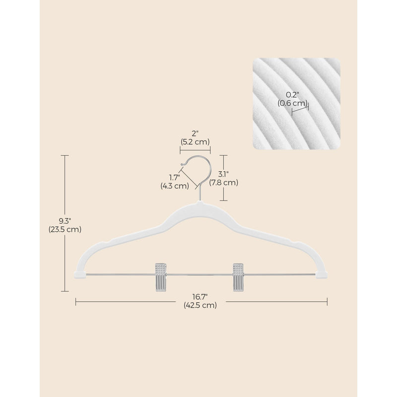 Songmics White Velvet Hangers With Clips, Pack of 10
