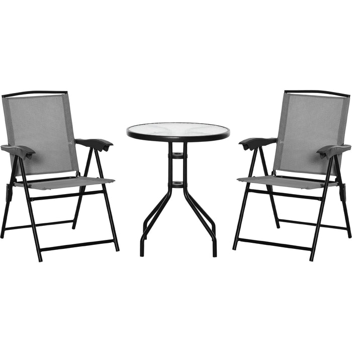Folding Patio Bistro Set, 2 Folding Chairs, Glass Table, Grey