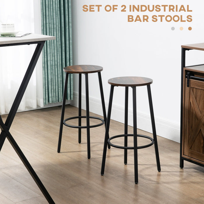 Set of 2 Rustic Brown Bar Stools, Steel Legs