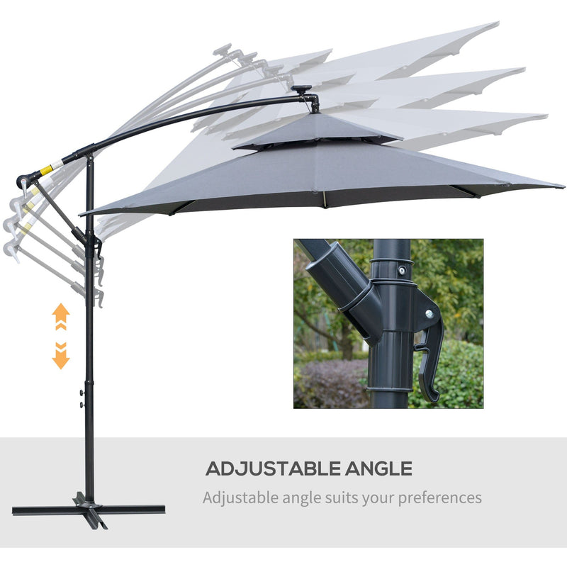 Outsunny 3(m) Cantilever Banana Parasol Hanging Umbrella with Double Roof, LED Solar lights, Crank, 8 Sturdy Ribs and Cross Base for Outdoor, Garden Outsunny