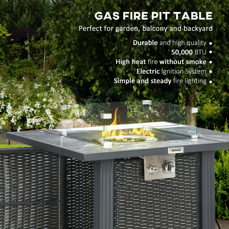 Rattan Gas Fire Pit with Marble Top Black