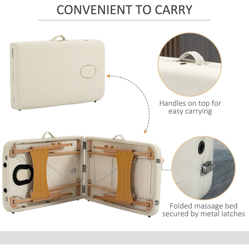 Cream Portable Massage Bed, 2 Sections, Wooden Frame, Bag