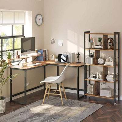 Corner Desk With Monitor Stand by Vasagle - Industrial style black steel frame with rustic brown wooden desktop