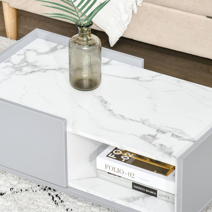 Coffee Table With Shelf, Drawer, Two Tone Marble Effect