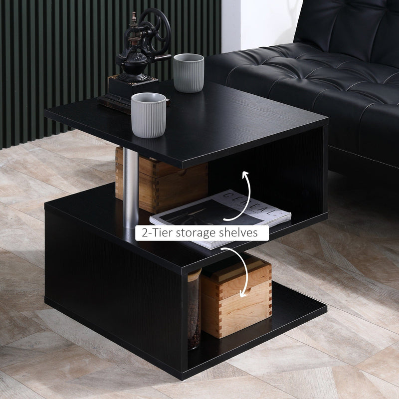 S Shape Coffee Table with 2-Tier Shelves, Home Office, Black