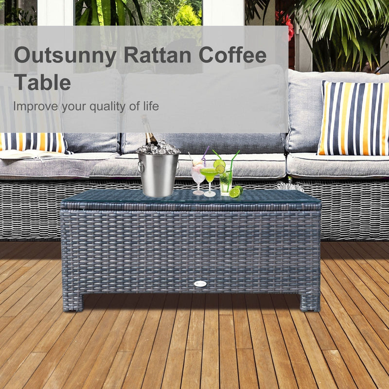 Rattan Coffee Table with Tempered Glass Top & Iron Frame