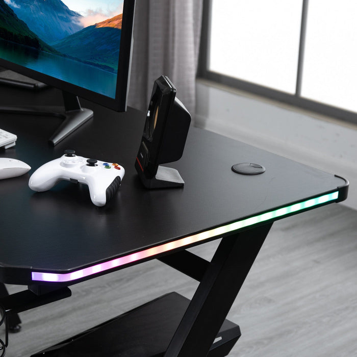 Gamer Desk With LED Lights Cable Management Controller Rack