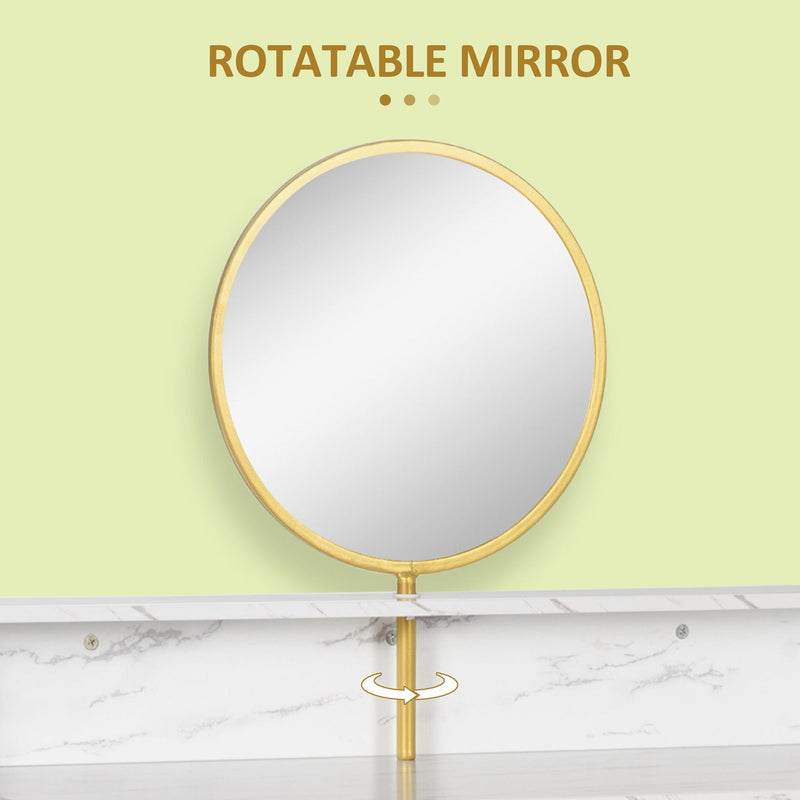 Dressing Table With Round Mirror, Gold Frame, Marble Effect