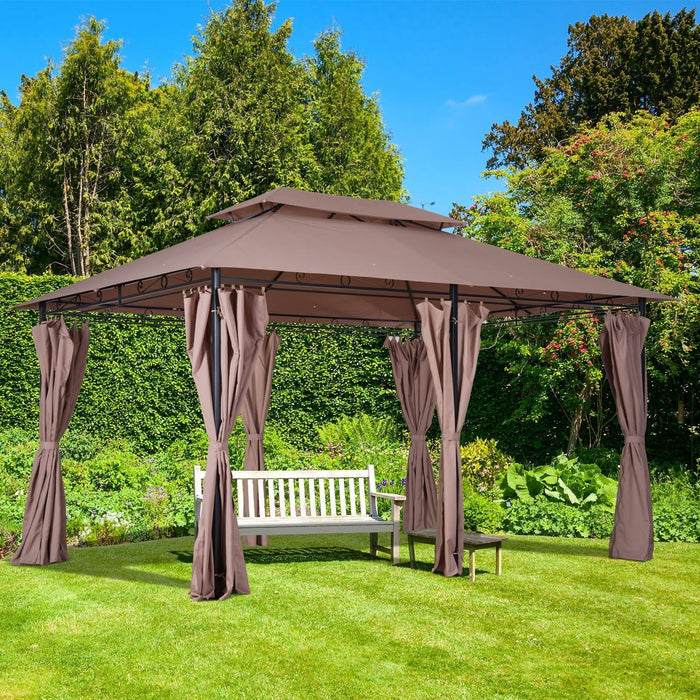 Metal Frame Gazebo With Sides, Garden Pavilion, 4x3m, Brown