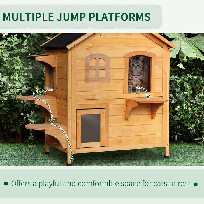 PawHut Two-Floor Wooden Cat House, Natural