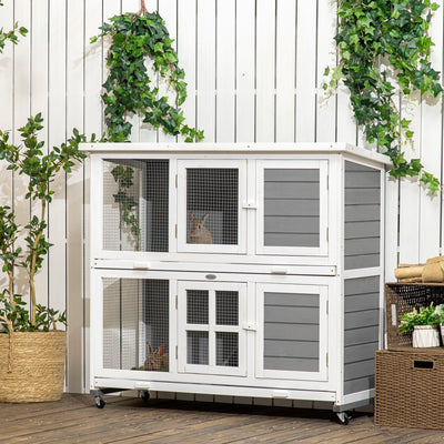 Large Wooden Rabbit Hutch with Wheels, Indoor/Outdoor Pawhut