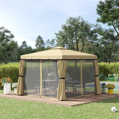 3x3 Gazebo For Patio, 2 Tier Roof, Mosquito Nets, Curtains Outsunny
