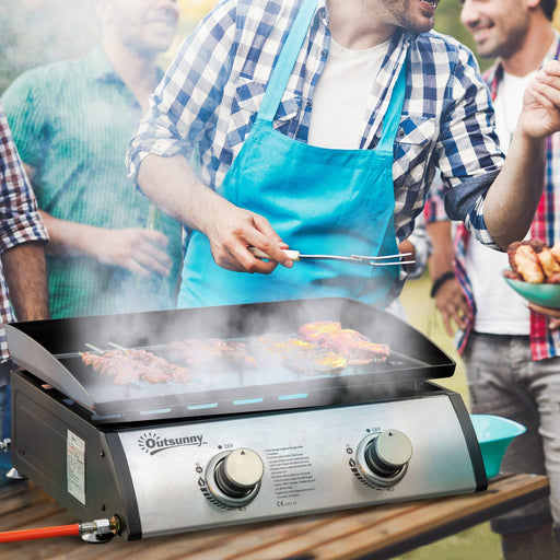 Outsunny Gas Plancha Grill with 2 Stainless Steel Burner, 6kW, Portable Tabletop Gas BBQ w/Non-Stick Griddle for Camping Picnic Garden Party Festival Outsunny