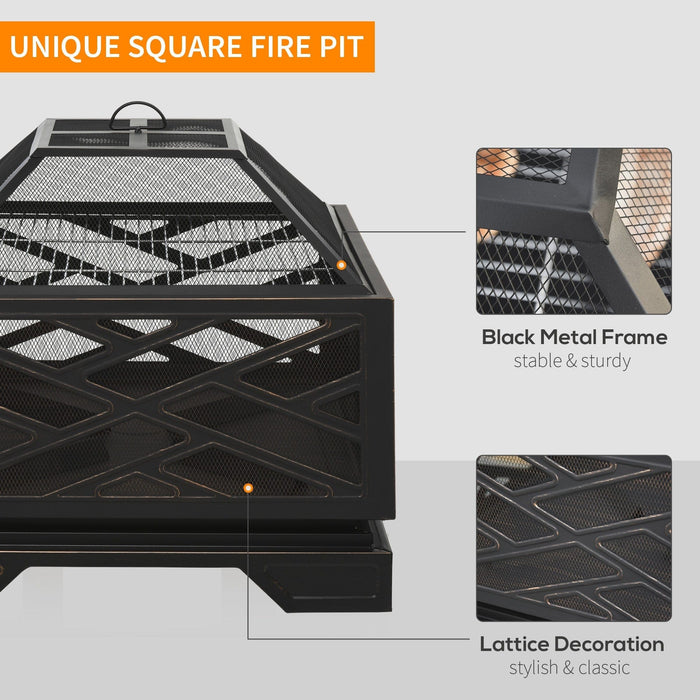 66cm 2-in-1 Square Fire Pit BBQ Grill - Metal, Black