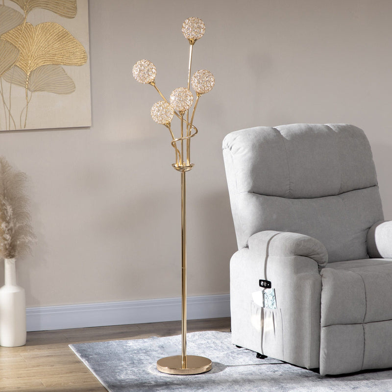 HOMCOM Crystal Floor Lamps for Living Room Bedroom with 5 Light, Modern Upright Standing Lamp, 34x25x156cm, Gold Tone Homcom