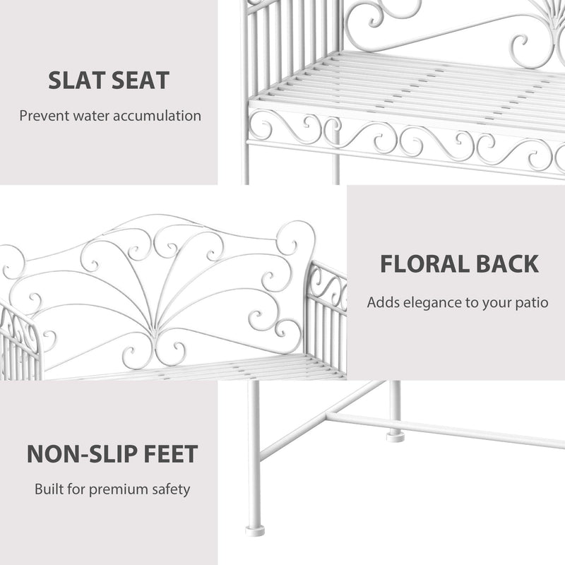 Outsunny Garden 2 Seater Metal Bench Park Seating Outdoor Furniture Chair w/ Decorative Backrest White Outsunny
